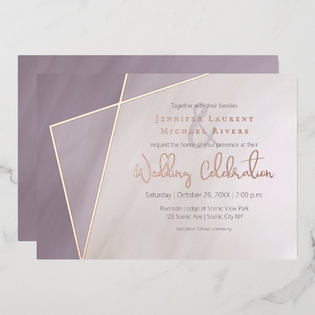 Invitación Con Relieve Metalizado armazón asimétrico de ciruela muda con oro rosa (Anverso/Reverso)