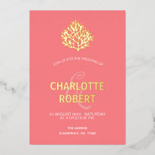 Invitación Con Relieve Metalizado Arrecife de Coral Rosa Moderno Minimalista Boda en