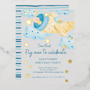 Invitación Con Relieve Metalizado Arriba Arriba y Lejos Avión Amarillo Gris Cumpleañ