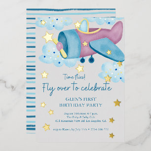 Invitación Con Relieve Metalizado Arriba Arriba y Lejos Avión Cumpleaños Niño Gris M