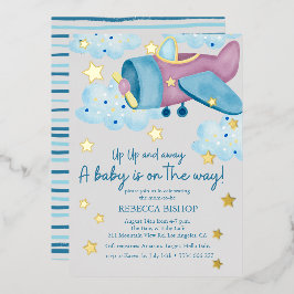 Invitación Con Relieve Metalizado Arriba y lejos del Baby Shower avión gris morado