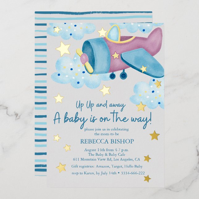Invitación Con Relieve Metalizado Arriba y lejos del Baby Shower avión gris morado (Anverso/Reverso)