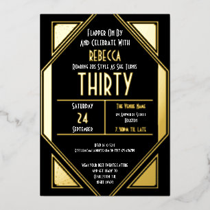 Invitación Con Relieve Metalizado Art Deco 30 cumpleaños Black Gold Real