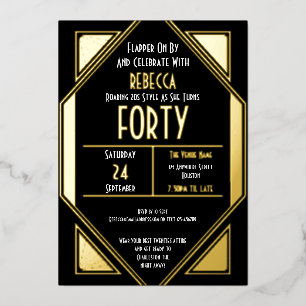 Invitación Con Relieve Metalizado Art Deco 40 cumpleaños Black Gold Real