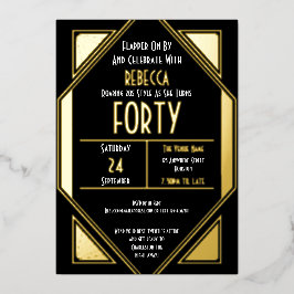 Invitación Con Relieve Metalizado Art Deco 40 cumpleaños Black Gold Real