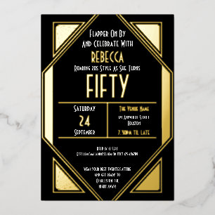 Invitación Con Relieve Metalizado Art Deco 50 cumpleaños negro oro real