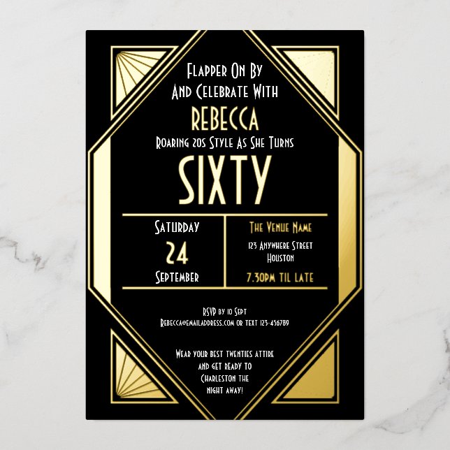 Invitación Con Relieve Metalizado Art Deco 60 cumpleaños Black Gold Real (Anverso)