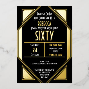 Invitación Con Relieve Metalizado Art Deco 60 cumpleaños negro oro real