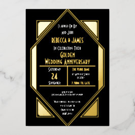 Invitación Con Relieve Metalizado Art Deco Aniversario del Boda Dorado Oro Negro