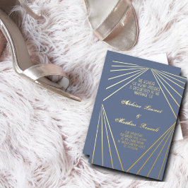 Invitación Con Relieve Metalizado Art Deco Boda Dusty Blue y Gold