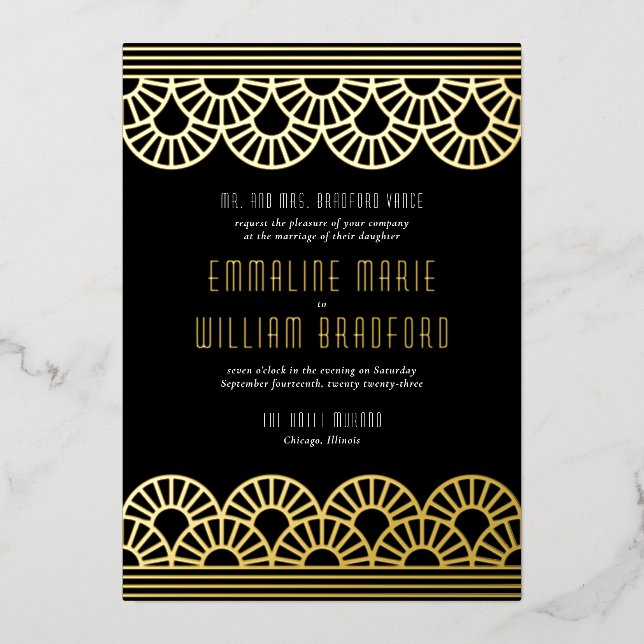 Invitación Con Relieve Metalizado Art Deco Boda Fan Gold (Anverso)