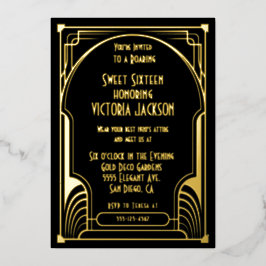 Invitación Con Relieve Metalizado Art Deco Dulce Dieciséis Cumpleaños Fiesta Oro y N