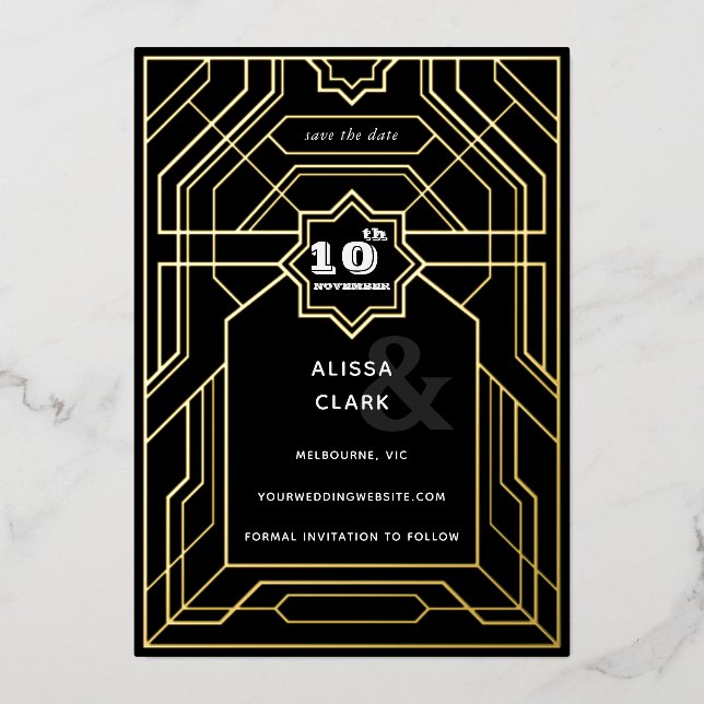 Invitación Con Relieve Metalizado Art Deco Elegante Guardar La Fecha (Anverso)