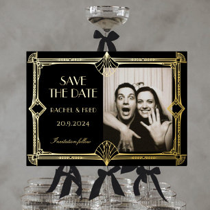 Invitación Con Relieve Metalizado Art Deco Elegante Negro Oro 20s save the date