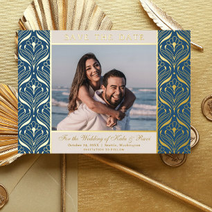 Invitación Con Relieve Metalizado Art Deco Floral Loto Boda Guardar La Fecha Oro