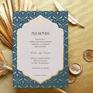 Invitación Con Relieve Metalizado Art Deco Floral Loto Mehndi Dorado