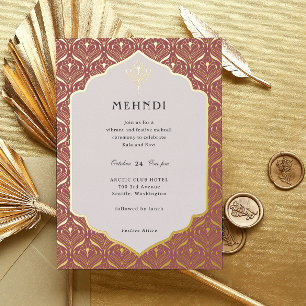 Invitación Con Relieve Metalizado Art Deco Floral Loto Mehndi Dorado