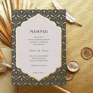 Invitación Con Relieve Metalizado Art Deco Floral Loto Mehndi Dorado