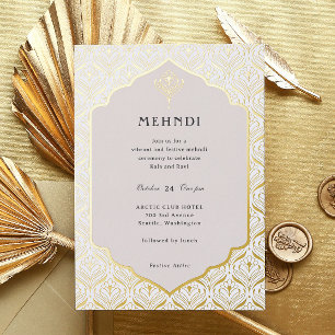 Invitación Con Relieve Metalizado Art Deco Floral Lotus Mehndi Gold