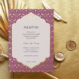 Invitación Con Relieve Metalizado Art Deco Floral Lotus Mehndi Gold