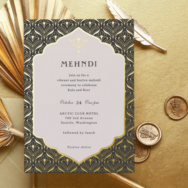 Invitación Con Relieve Metalizado Art Deco Floral Lotus Mehndi Gold (mehndi invitation, indian wedding invitation, mehendi invitation, hindu wedding invitation, art deco)