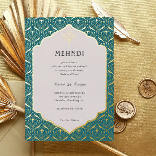 Invitación Con Relieve Metalizado Art Deco Floral Lotus Mehndi Gold
