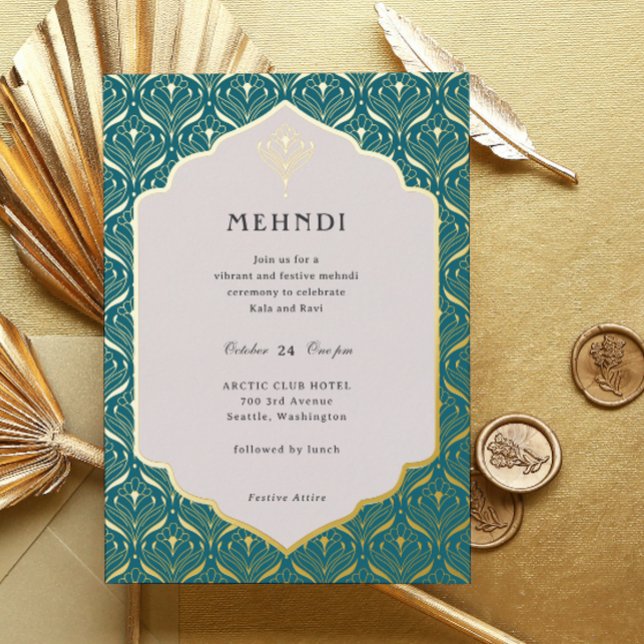 Invitación Con Relieve Metalizado Art Deco Floral Lotus Mehndi Gold (mehndi invitation, indian wedding invitation, mehendi invitation, hindu wedding invitation, art deco)