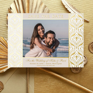 Invitación Con Relieve Metalizado Art Deco Floral Lotus Wedding Salvar La Fecha Oro