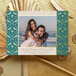 Invitación Con Relieve Metalizado Art Deco Floral Lotus Wedding Salvar La Fecha Oro