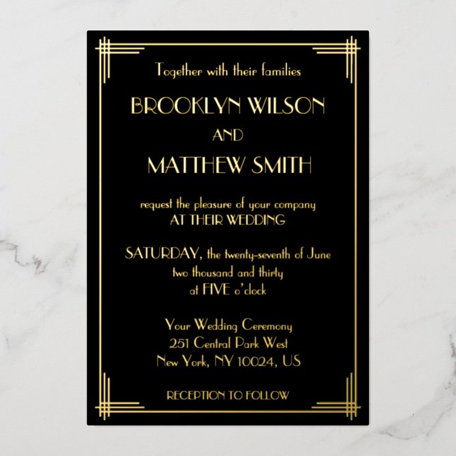 Invitación Con Relieve Metalizado Art Deco Gran Gatsby Boda Gold (Anverso)