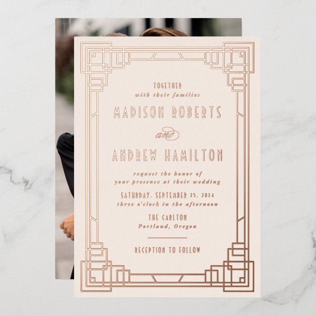 Invitación Con Relieve Metalizado Art Deco moderno Boda marfil y oro Rosa (Anverso/Reverso)