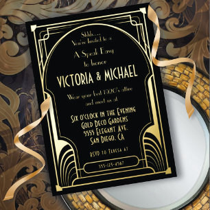 Invitación Con Relieve Metalizado Art Deco Nouveau Fiesta en un Bar Clandestino Dora