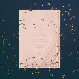 Invitación Con Relieve Metalizado Art Deco Save the Date Diamante Rubor Rosa Dorado