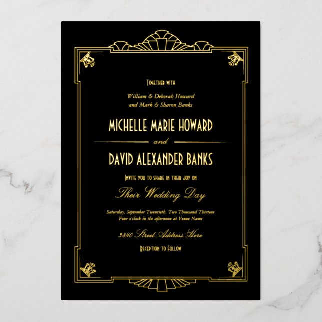 Invitación Con Relieve Metalizado Art Deco Style Boda Gold (Anverso)