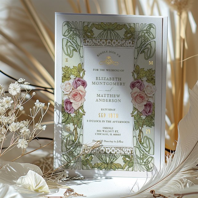 Invitación Con Relieve Metalizado Art Nouveau Alphonse Mucha Malva Rosa Polvo (Subido por el creador)