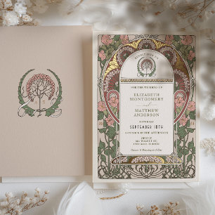 Invitación Con Relieve Metalizado Art Nouveau Boda Gold Accents Botanical