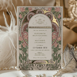 Invitación Con Relieve Metalizado Art Nouveau Boda Gold Accents Botanical