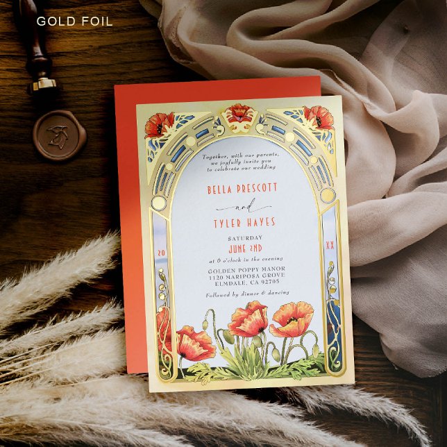 Invitación Con Relieve Metalizado Art Nouveau Bold Poppies brillantes Boda de flores (art nouveau wedding invitation wildflowers poppies red orange gold garden vintage elegant)