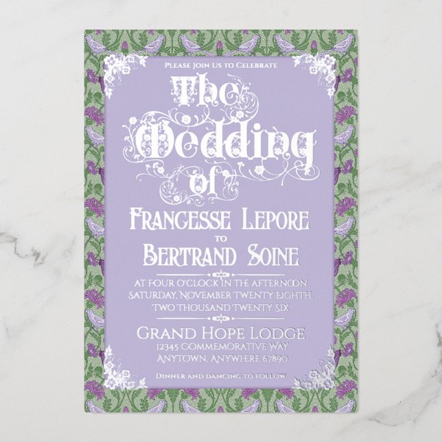 Invitación Con Relieve Metalizado Art Nouveau Elegant Lovebirds Lavender (Anverso)