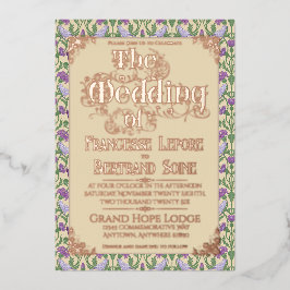 Invitación Con Relieve Metalizado Art Nouveau Elegant Lovebirds Vintage Yellow 