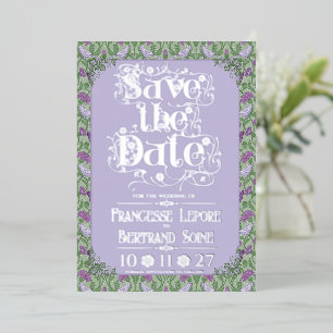 Invitación Con Relieve Metalizado Art Nouveau Elegantes Pájaros de Amor Lavanda