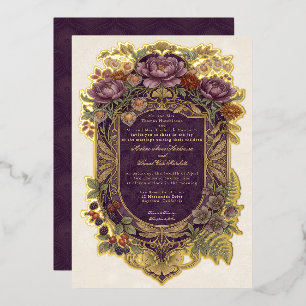 Invitación Con Relieve Metalizado Art Nouveau Escudo Púrpura Floral Otoñal Vintage D