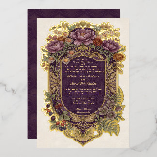 Invitación Con Relieve Metalizado Art Nouveau Escudo Púrpura Floral Otoñal Vintage D