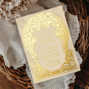 Invitación Con Relieve Metalizado Art Nouveau Flores Dibujadas a Mano Iniciales Boda