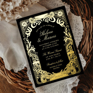 Invitación Con Relieve Metalizado Art Nouveau Frame Monograma Boda Oro negro