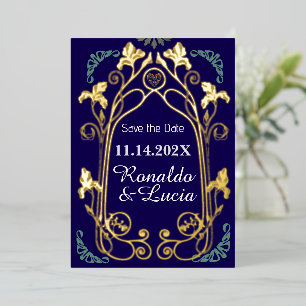 Invitación Con Relieve Metalizado Art Nouveau Gold Blue Botanical Save the Date