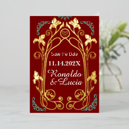 Invitación Con Relieve Metalizado Art Nouveau Gold Green Botanical Save the Date
