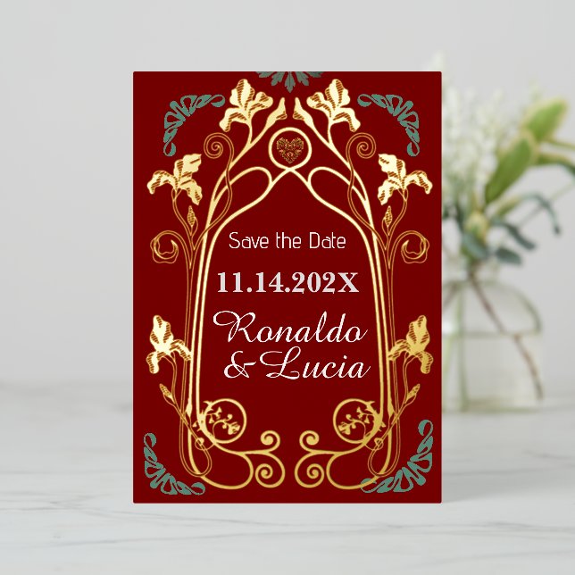 Invitación Con Relieve Metalizado Art Nouveau Gold Green Botanical Save the Date (Anverso de pie)
