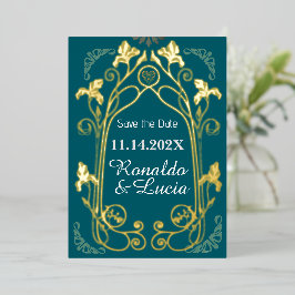 Invitación Con Relieve Metalizado Art Nouveau Gold Green Botanical Save the Date