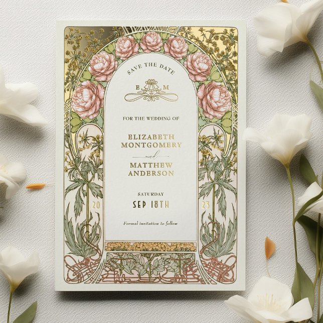 Invitación Con Relieve Metalizado Art Nouveau Guardar el Relieve metalizado dorado B (Subido por el creador)